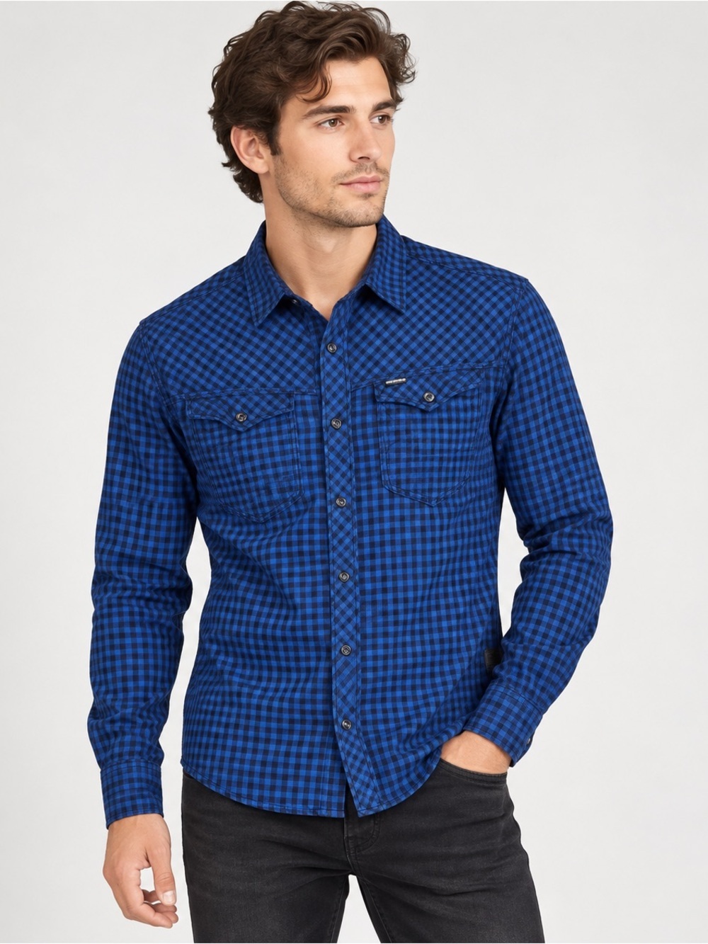 G-Star Raw ARC 3D Long Sleeve Shirt Mens Small Blue Black Plaid Western Flannel